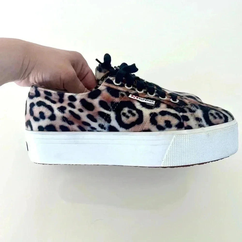Superga Velvet Leopard Print Chunky Platform Lace-Up Sneakers Size‎ 39.5